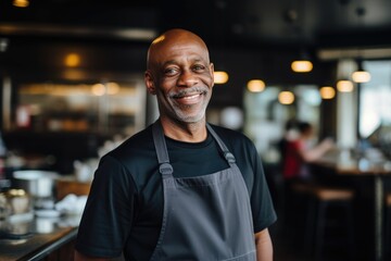 Obraz premium Smiling portrait of a middle aged african american chef working in a restaurant kitchen