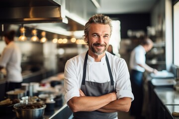 Smiling portrait of a caucasian chef working in a restaurant kitchen - obrazy, fototapety, plakaty