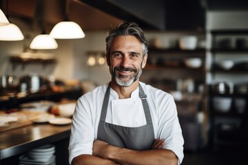 Obraz premium Smiling portrait of a caucasian chef working in a restaurant kitchen