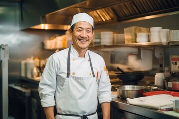 Smiling portrait of an asian chef working in a restaurant kitchen