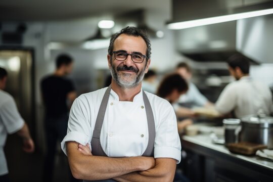 Smiling portrait of a caucasian chef working in a restaurant kitchen