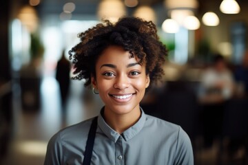 Fototapeta premium Smiling portrait of a happe female african american bartender
