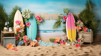 Beach Themed Photo Booth With Backdrop Of Sand, Surfboards, Beach Balls, Tropical Props-Standard
