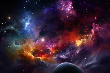 Artwork showing the immense space filled with stars and colorful nebulae. Generative AI