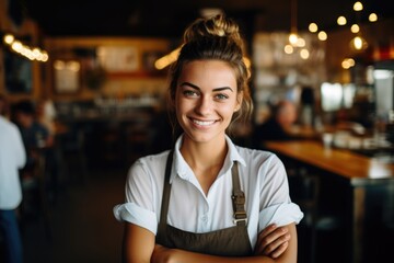Smiling portrait of a happy young female caucasian waitress working in a cafe or bar