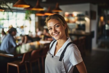 Smiling portrait of a happy young female caucasian waitress working in a cafe or bar