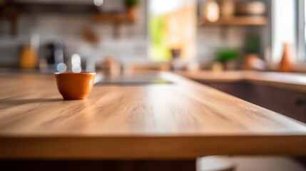 Selective focus.Wood table top counter island and blur kitchen room background