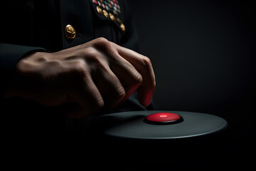 Hand of a military officer pressing a button on a black background. Generative ai - obrazy, fototapety, plakaty