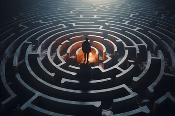 Illuminating the Path: Man Holds Lantern in the Heart of the Maze. Generative ai