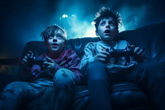 Two Homeless Boys Playing Video Games On The Sofa At Night. Selective Focus. Generative Ai