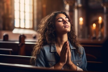 Young woman praying to God in church. Faith in religion and belief in God. Power of hope or love and devotion, Generative AI 