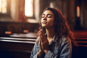 Young woman praying to God in church. Faith in religion and belief in God. Power of hope or love...