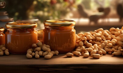 jars of peanut butter and scattered nuts, ai generative - obrazy, fototapety, plakaty