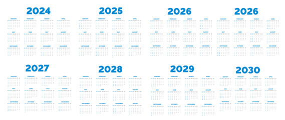 2024, 2025, 2026, 2027, 2028, 2029, 2030 Calendar  set vector illustration. week starts on Sunday, Simple planner design template corporate business wall calendar design bundle.
