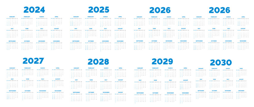 2024, 2025, 2026, 2027, 2028, 2029, 2030 Calendar  set vector illustration. week starts on Sunday, Simple planner design template corporate business wall calendar design bundle.
