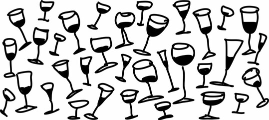  Hand draw symbol wine glasses, doodle pattern icon