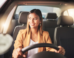 Smile, driving and business woman in car to travel, journey or thinking of transportation in city....