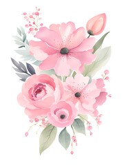 Fototapeta na wymiar watercolor floral bouquet with pink peonies and roses
