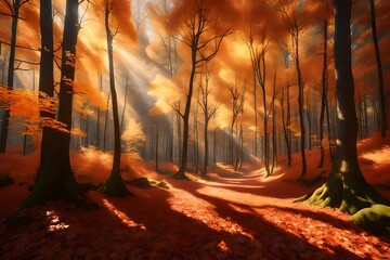 Autumn forest nature. Vivid morning in colorful forest with sun rays through branches of trees. Scenery of nature with sunlight