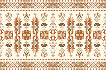 flower embroidery on cream background. ikat and cross stitch geometric seamless pattern ethnic oriental traditional. Aztec style illustration design for carpet, wallpaper, clothing, wrapping, batik.