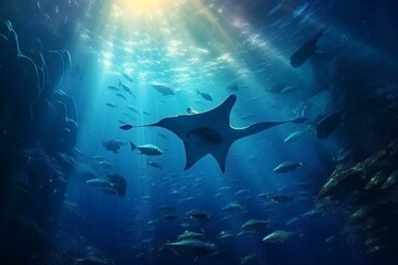 Underwater adventure with manta ray. Generative AI - obrazy, fototapety, plakaty