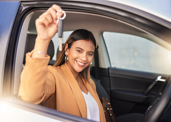 Happy woman, drive and portrait with new car, keys and freedom of transportation and travel on road. Auto, dealership and person driving with happiness in rental cars and purchase of vehicle