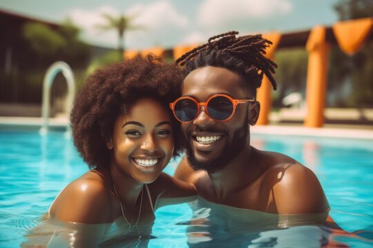 Young African American Couple Having Fun In A Swimming Pool In Hotel Resort. Summer Vacation. Generative AI, Generative AI 