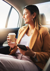 Businesswoman, phone and coffee in car for travel to work with smile in happiness, alone and profile. Young, person and employee with commute to office in taxi, backseat and sitting to look at street