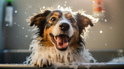 Washing border collie dog in bath. Dog taking bath  - obrazy, fototapety, plakaty