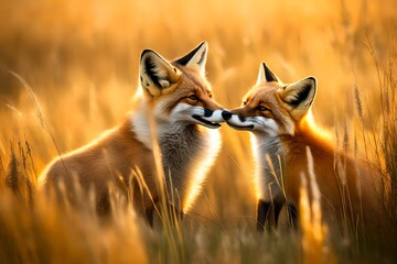 A pair of wild foxes playing in a meadow of tall grass under a golden sunset
