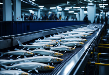 Obraz premium Fishes on conveyer Fish processing plant