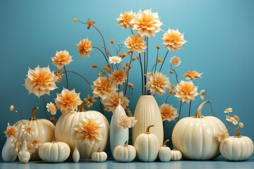 Obraz na płótnie Canvas Pastel pumpkins and flowers Thanksgiving Halloween decoration on blue. Trendy modern pastel pumpkins and various flowers on table.