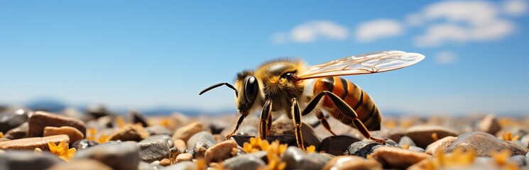 Bee on a flower, collecting pollen by striped insects. Honey production by animals. Flying with a sting. Pollination of flowers in a natural way.