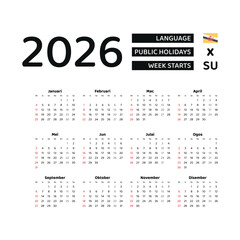 Brunei Darussalam Calendar 2026. Week starts from Sunday. Vector graphic design. Malay language.