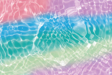 Defocus blurred transparent blue-yellow colored clear calm water surface texture with splashes reflection. Trendy abstract nature background. Water waves in sunlight with copy space.