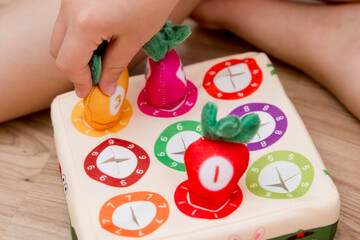 Soft stuffed logic toy for children. Learning numbers and colors. Put the right color carrot to...