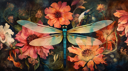 A painting of a dragonfly on a flowery background