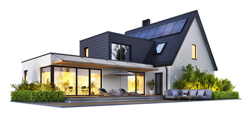 Modern house with solar panels on a transparent background - 654765145