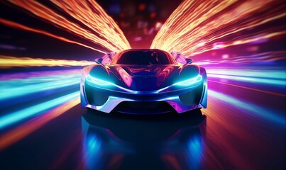 Sports Car On Neon Highway. Powerful acceleration of a supercar with colorful lights and trails, Generative AI  - obrazy, fototapety, plakaty