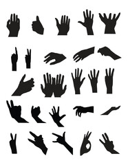 Set of various black silhouette human hands. Vector collection of male hands of different gestures. 