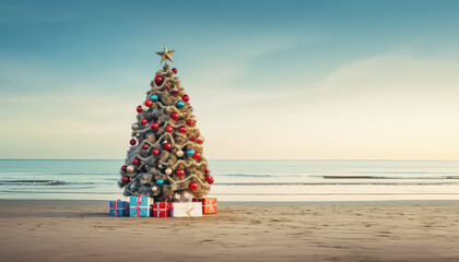 Festively decorated Christmas tree on the beach on New Year's Eve or Christmas - obrazy, fototapety, plakaty