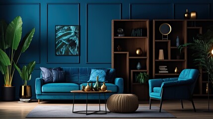 Modern Interior Design of a Blue Living Room with a Big Sofa and some Pillows, Armchair and other Decorations.
