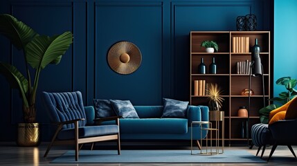 Modern Interior Design of a Blue Living Room with a Big Sofa and some Pillows, Armchair and other Decorations.