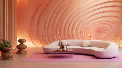 Modern Interior Design of a Living Room with Futuristic Wall and Amazing Lighting. Pink Sofa.