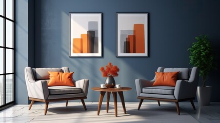 Colorful Interior Design of a Living Room Blue Mixed with Orange. Contemporary Design.