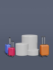 Podium showcase with baggage 3D rendering in clear background for marketing, mockup, promotion and shopping content. 