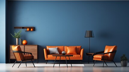Colorful Interior Design of a Living Room Blue Mixed with Orange. Contemporary Design.