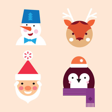 Cute christmas Characters and animals . Penguin,  Santa Claus, bear, reindeer, snowman. Vector illustration in flat cartoon style.
