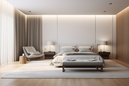 Luxurious Bedroom Design. White Room and Natural Light. Wooden & Stone Walls and Curtains. Modern.