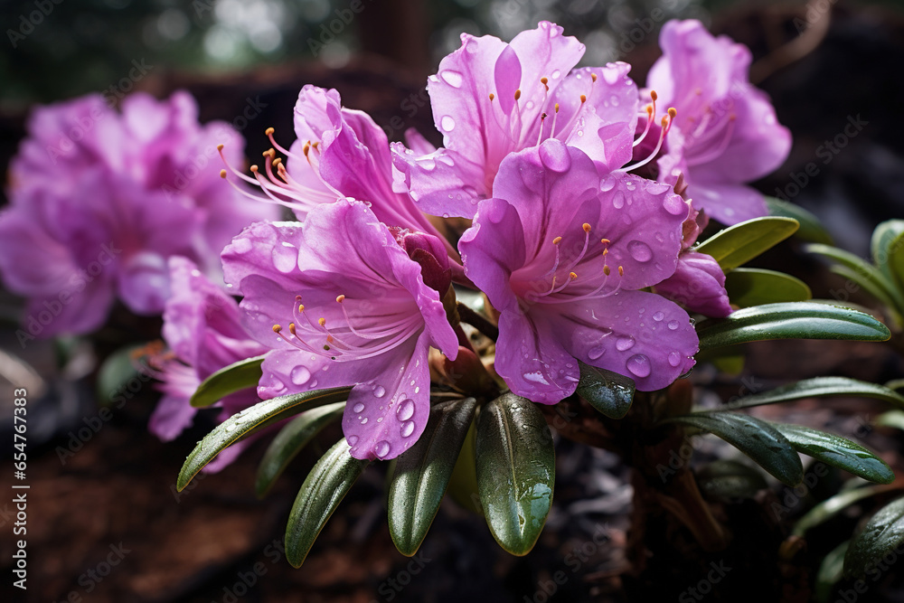 Wall mural photographic series of rhododendron flowers in a garden